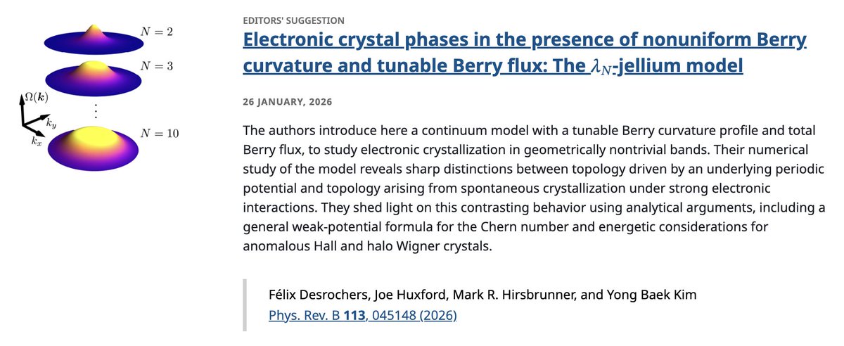PhysRevB's tweet image. PRB Editors' Suggestion: #Electronic crystal phases in the presence of nonuniform #BerryCurvature and tunable Berry flux: The 𝜆𝑁-#JelliumModel

F. Desrochers, J. Huxford et al.,
Phys. Rev. B 113, 045148

➡️ go.aps.org/4tgWH9E
#EdSugg @APSPhysics #physics #condmat