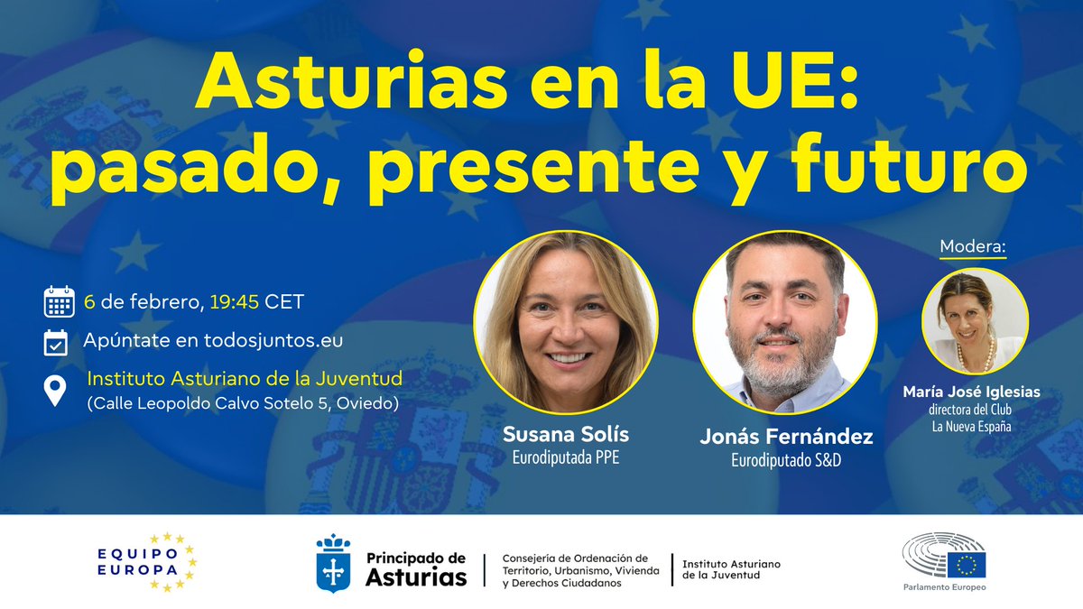 En el marco de los 40 años de la adhesión de España a la UE, el <a href="/Europarl_ES/">Parlamento Europeo en España</a> organiza junto a <a href="/Equipo_Europa/">Equipo Europa</a> una nueva edición de  #TerrazaEuropa  con los eurodiputados <a href="/susanasolisp/">Susana Solís</a> y <a href="/jonasfernandez/">Jonás Fernández</a>  
⏰19:45 
📌 Sede Instituto Asturiano de la Juventud
✏️todosjuntos.eu