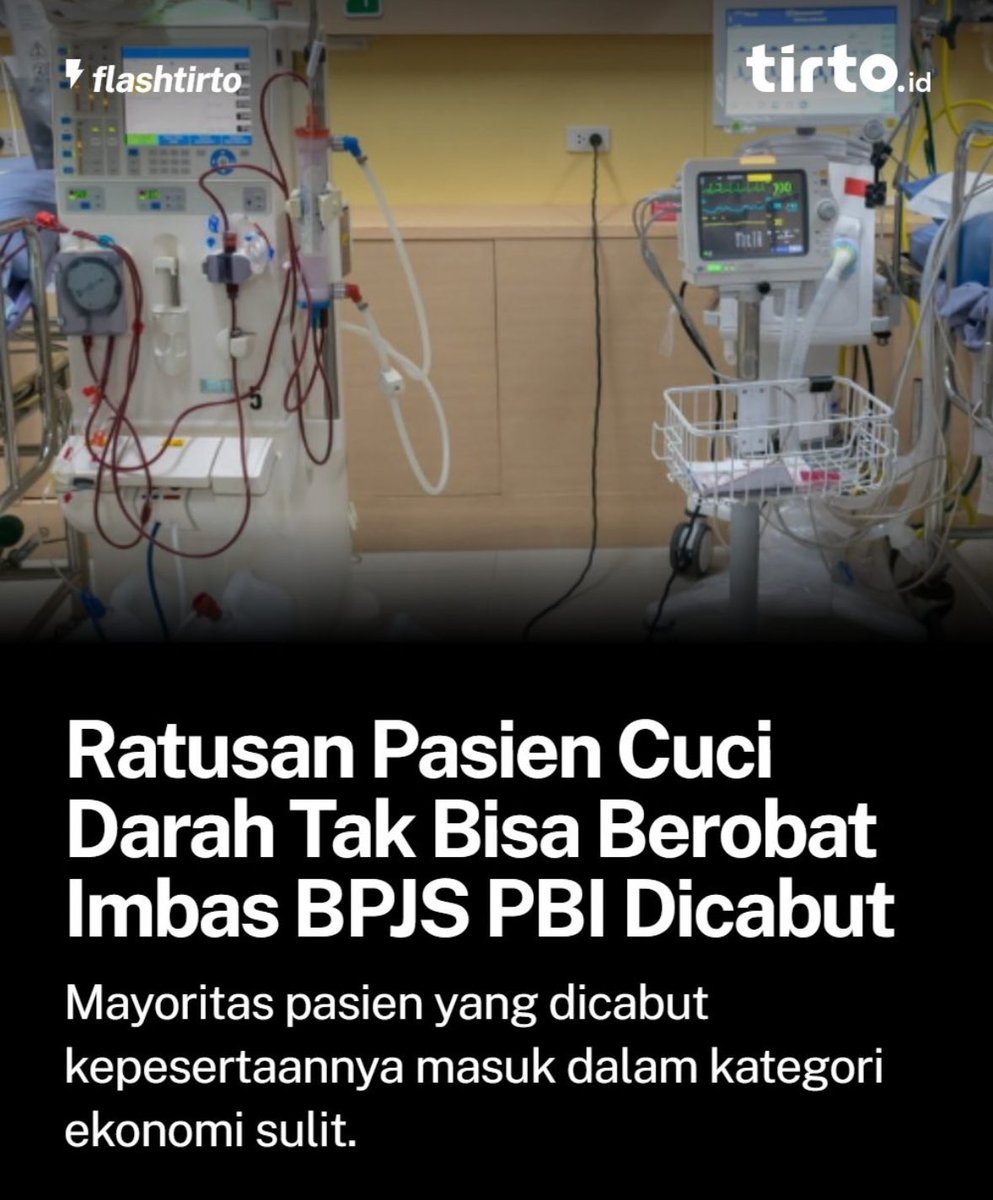 eskepalmilosatu's tweet image. Semua dana diserap MBG, akhirnya sektor lain jumpalitan.

Anaknya dapat makan gratis, 
orang tuanya bingung harus bayar 6,4 juta/bulan atau bayar BPJS mandiri buat cuci darah karena BPJS PBInya dicabut.