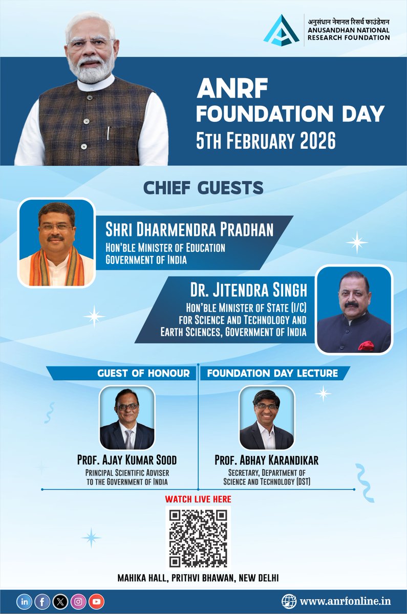 ANRFIndia's tweet image. 𝗝𝗼𝗶𝗻 𝗨𝘀 𝗟𝗶𝘃𝗲 | 𝗔𝗡𝗥𝗙 𝗙𝗼𝘂𝗻𝗱𝗮𝘁𝗶𝗼𝗻 𝗗𝗮𝘆 | 𝟱 𝗙𝗲𝗯𝗿𝘂𝗮𝗿𝘆 𝟮𝟬𝟮𝟲

#ANRFIndia invites you to join us live for its Foundation Day celebration on 5 Feb. 2026 (3:45 PM).

Watch it live: youtube.com/live/_xOlj2gpe…
