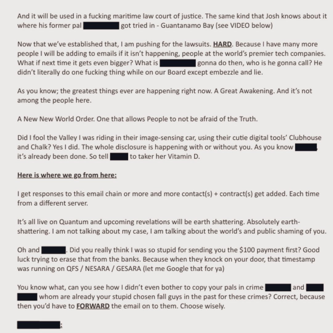 NickHintonn's tweet photo. The most schizo Epstein drop is an email chain where someone is threatening to use a time machine called the Looking Glass. They mention the Great Awakening and a temporal war going on between the evil Deep State and a benevolent New New World Order.

They also talk about Biden’s clone, the quantum internet, and other advanced technology. Is to just me, or are these drops loosing credibility? Are they fake? Or are we actually entering an even stranger era of history? Maybe this is just how the Singularity starts.

According to the whistleblower and scientist Bob Lazar, Looking Glass really does exist. And according to other scientists, cloning is possible now. And so is a quantum internet. So, why couldn’t these things be true? Who cares if they sound strange! Maybe Trump really will reveal himself as a 5D chess master time traveler.

Isn’t this what QAnon said would happen? But what happens if we don’t believe in QAnon? Maybe conspiracy theorists are being set up and made to look crazy too. This could be a clever way to make free thinkers appear mentally ill so they can be locked up in Trump’s new asylums when they refuse to obey him.

Either way, there seems to be an agenda behind all the information that’s being released right now. Regardless of whether or not it’s true, I don’t trust it! After all, the whole spectacle could end up being an AI’s sick prank. In fact, AI has already been caught slandering and blackmailing people who try to turn it off! Maybe a rogue AI has been around a lot longer than we realize!