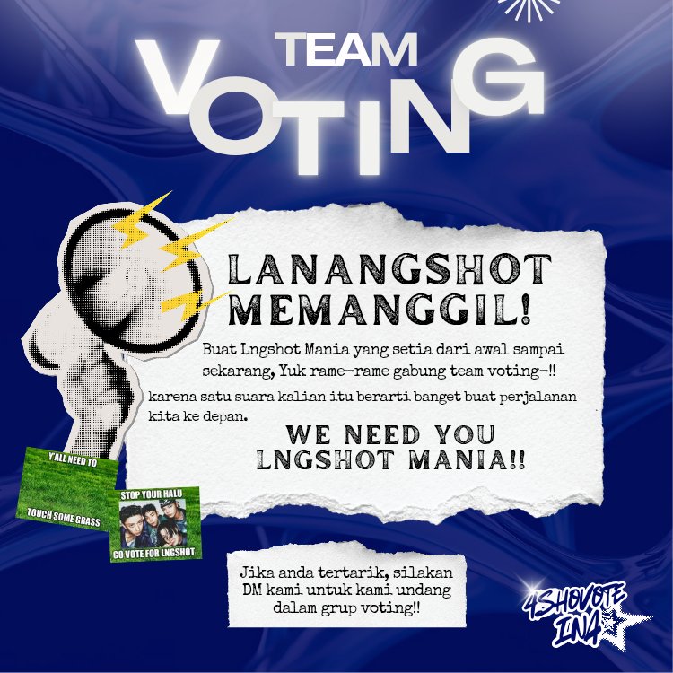 Halo Lngshot Mania! 👋🏻

💥Kalau kau suka hati ayo vote Lngshot! 👏👏

Mau vote tapi kerasa capek kalau sendirian? 🙊
Mau vote tapi butuh disemangatin?🫠

Yuk voting ceria bersama kami TIM SUKET IJO🔥

Langsung aja DM kami biar join voting bahagia bersama!

#LNGSHOT #롱샷