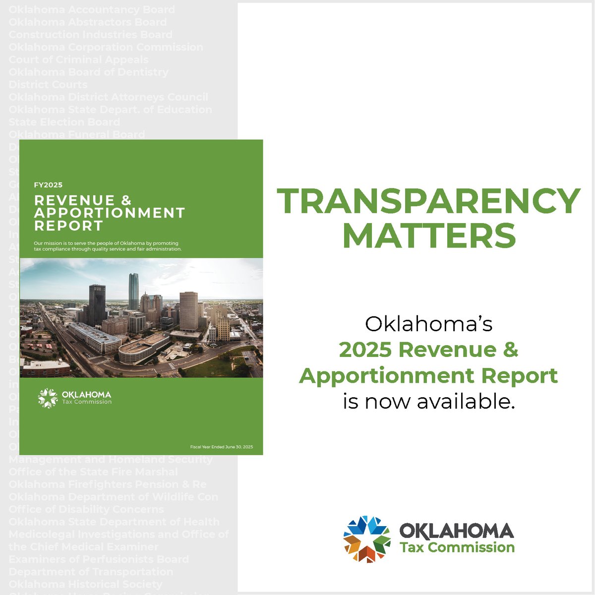 oktaxcommission's tweet image. 📊 New Report Alert: Oklahoma’s 2025 Revenue &amp;amp; Apportionment Report is live!
See how revenue is collected and distributed statewide. 💵

🔗 ow.ly/lLXf50Y07qm

#TransparencyMatters #OklahomaTaxDollars #RevenueAndApportionment #PublicFunds #OKGovernment