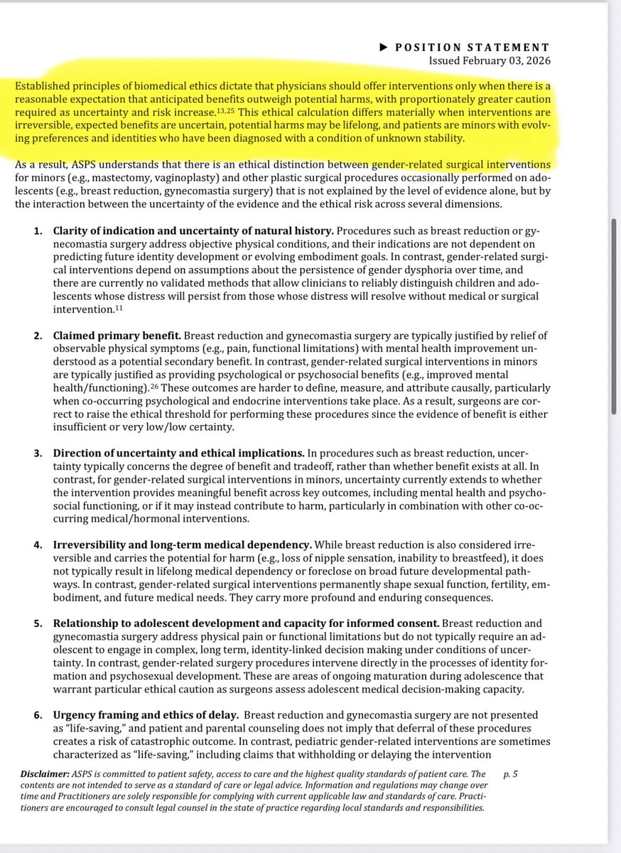 This paragraph from the American Society of Plastic Surgeons policy statement on gender surgery for minors is so important to understand. 

Anyone who has worked at a patients bedside understands that before a medical intervention is initiated, there is a discussion of its risks