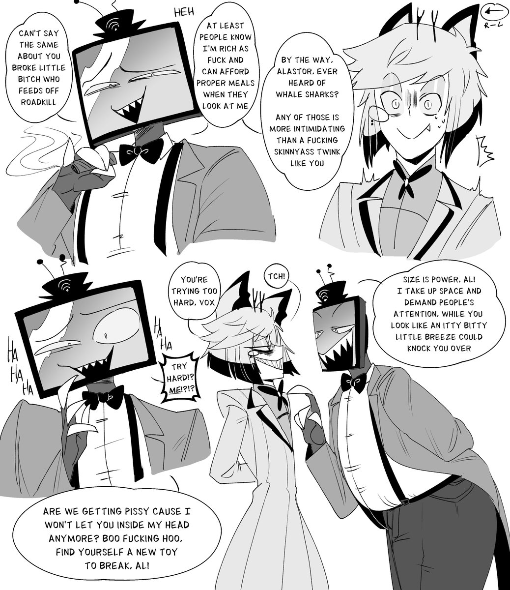 CandySignal666's tweet photo. when Alastor tries to ragebait a much more confident Vox it backfires (post S2 delusions)

(read from right to left)
#staticsilence https://t.co/kS5UGqKPoN