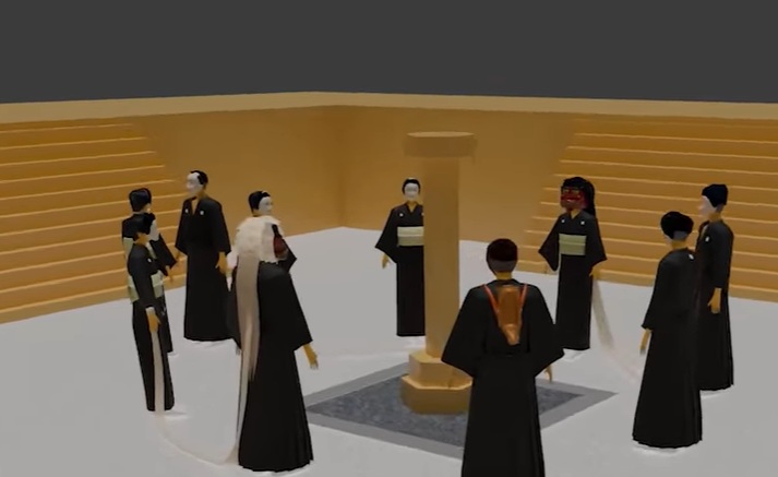 moichan0113's tweet image. 140年祭当日、朝6時から神殿北西の結界一番前で3時間以上待って、かぐらづとめを最前列でしっかりと拝見できました！！😍😍🙏
まさにこの画像のような配置で、10人のつとめ人衆が全部見えるベストポジション！！
(Taroさん許可済みのYouTubeキャプチャです）…