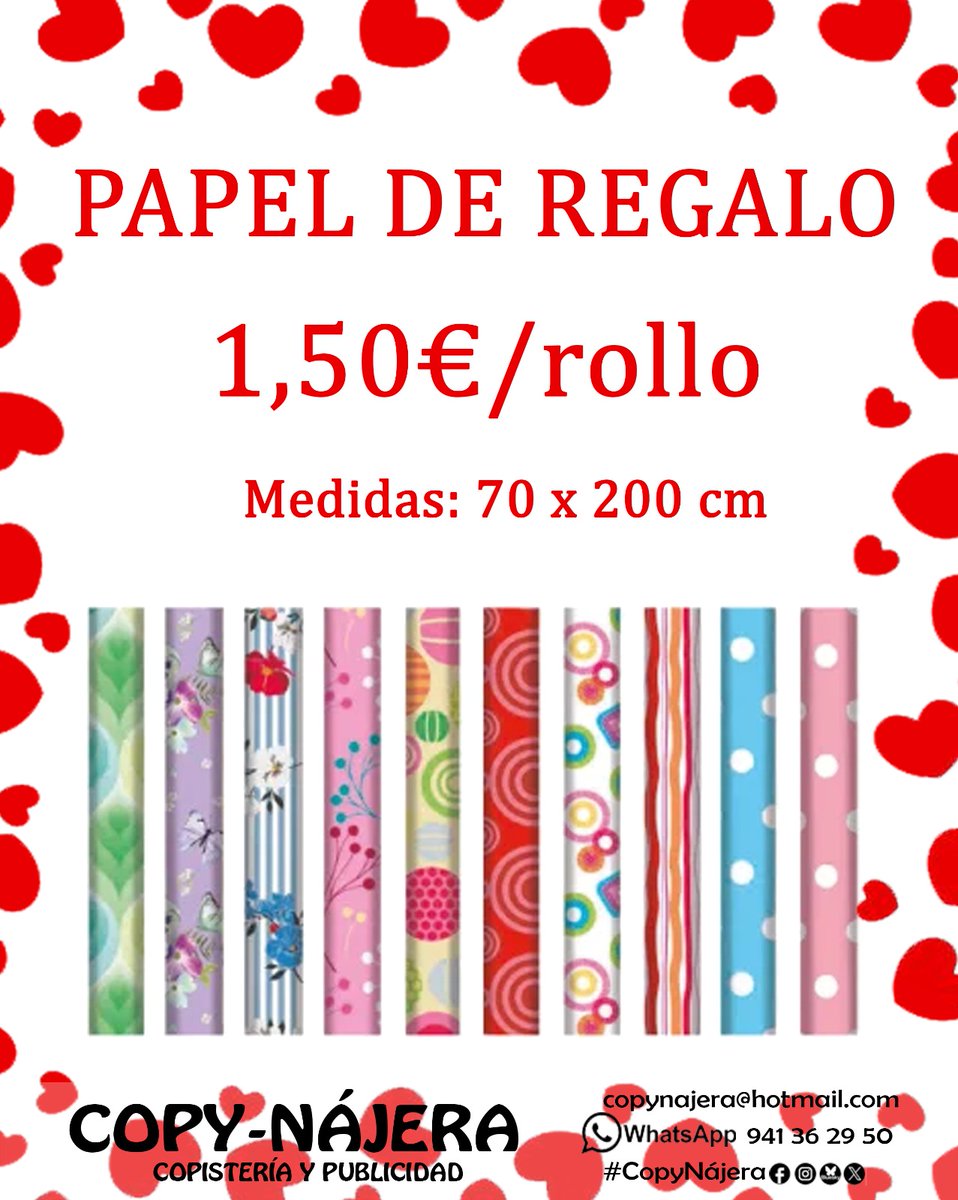 CopyNajera's tweet image. Papel de Regalo 🎁💖
Medidas: 70 x 200 cm
diseños surtidos

🖨️ #CopyNájera #Copistería #Fotocopias
#PapelDeRegalo #Regalos #SanValentín