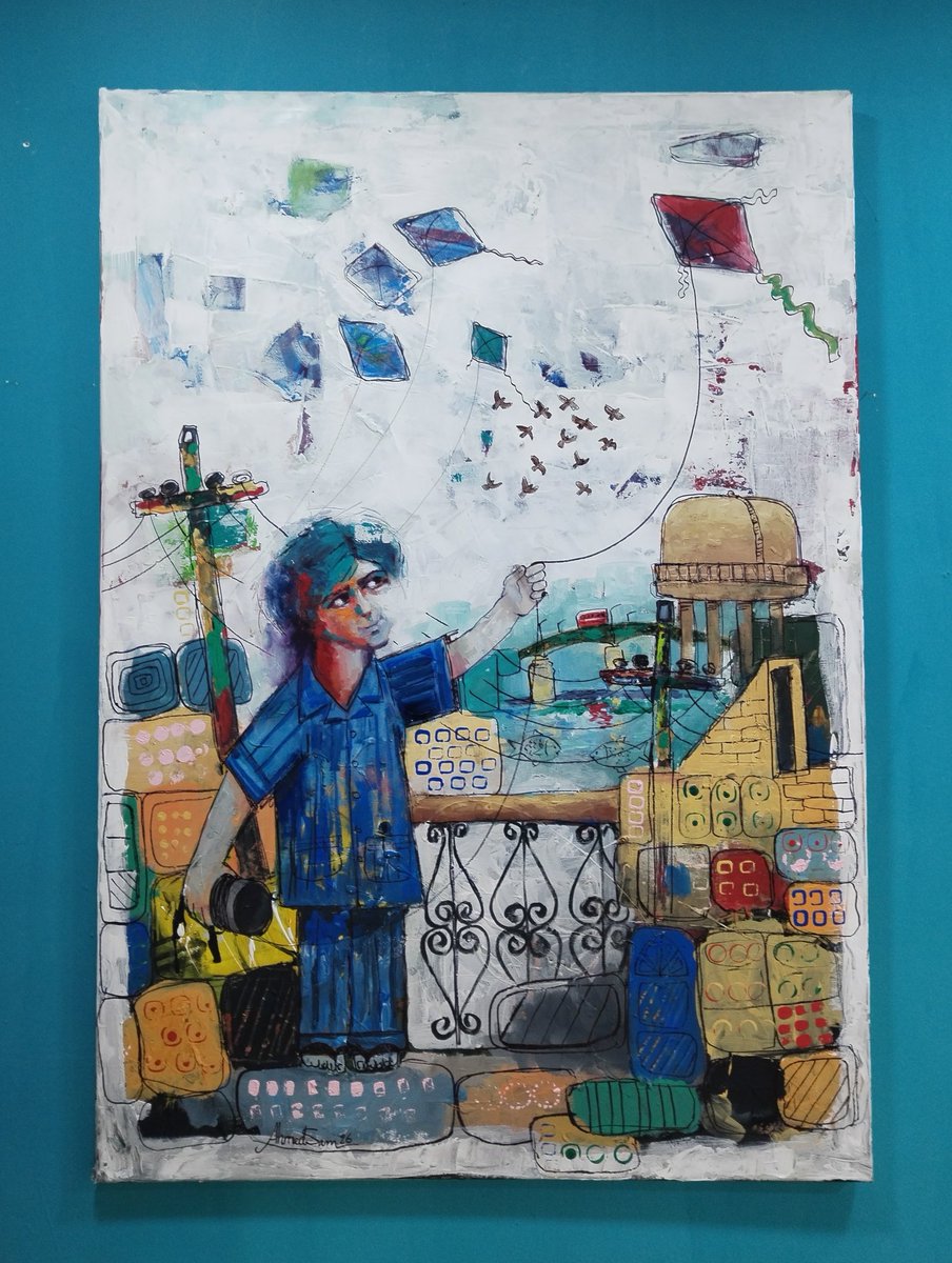 طيري يا طيارة طيري 🪁🪁 زيت على كانفاس 100x70 سم
#طائرة_ورقية
#العراق
#كاريكاتير_أحمد_المندلاوي