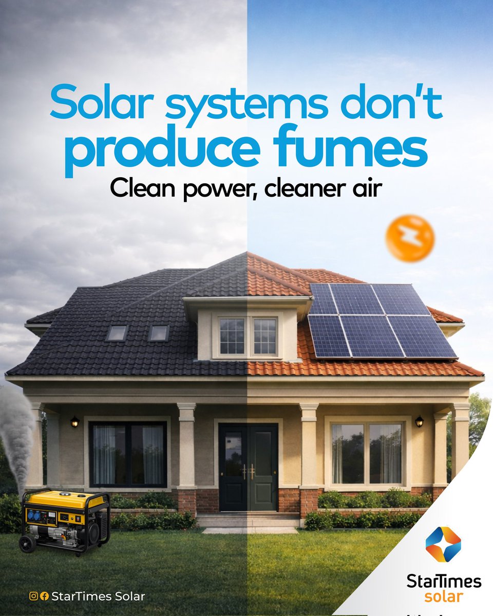 Generator fumes come with real disadvantages

They affect your health, create noise, and make your space uncomfortable, especially when used every day

Power shouldn’t come with that kind of stress

Choose clean, quiet energy with Startimes Solar

#solarsolutions
#startimessolar