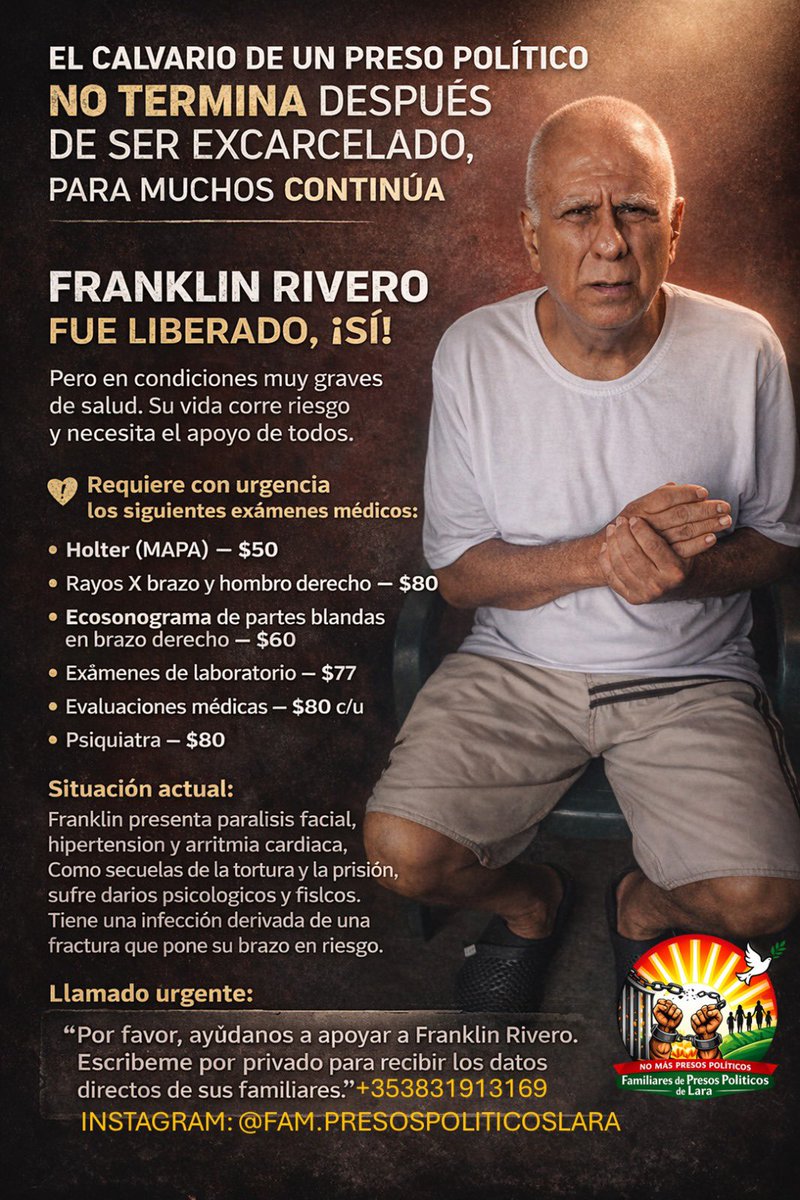 zulimadelvalle's tweet photo. Llamado URGENTE 🚨 URGENTE 🚨ayúdame a compartir, pretenden obligar al Sr. Franklin a presentarse en Caracas sin importarles el estado de salud, se encuentra muy mal. Con la salud no se juega y hacemos responsable al régimen por su vida, se encuentra excarcelado bajo condiciones. https://t.co/vbfooXvK3z