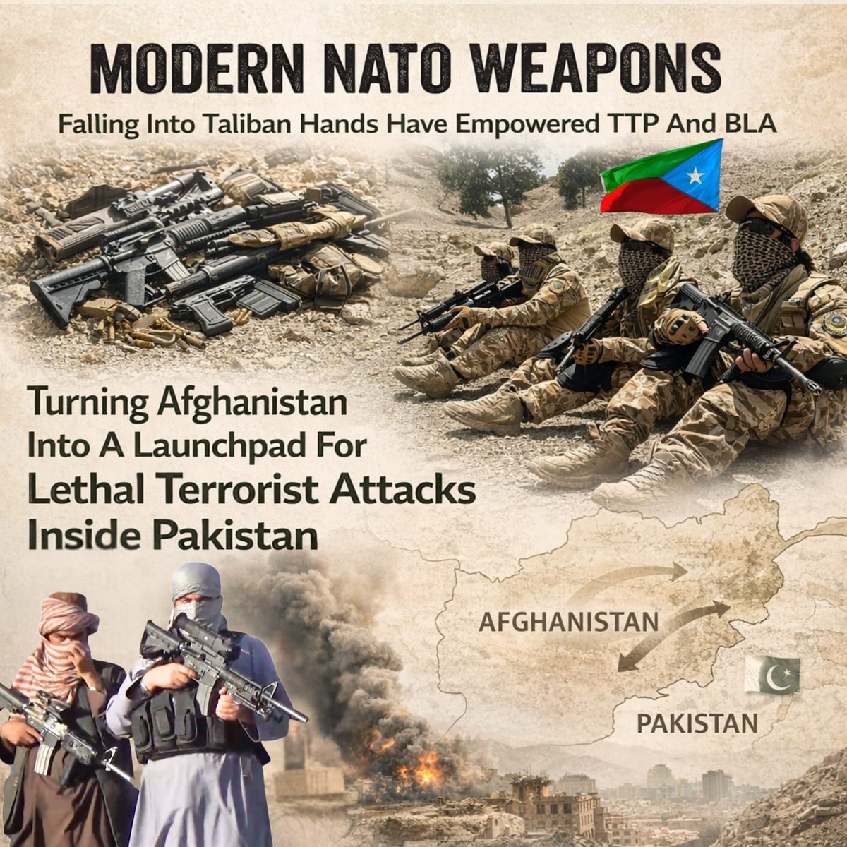 BalochDiaries's tweet image. After the US–NATO withdrawal from Afghanistan, terrorist groups like TTP and BLA gained access to large stockpiles of modern weapons. Reports estimate over 300,000 assault rifles, 60,000+ machine guns, 25,000 grenade launchers, and advanced night-vision gear, with abandoned arms…
