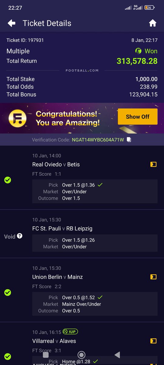 BILLS_TIPS's tweet photo. 2.3 Million Naira plus won ✅
BIG WIN 🥺💥❤️
THANK YOU LORD 🙏😊
MORE BIGGER WINS I PRAY 😌⚡🎊 https://t.co/J5zzKPeWBL