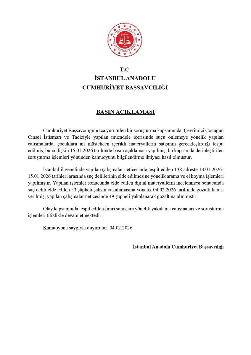 asayisberkemal0's tweet photo. İstanbul Anadolu Cumhuriyet Başsavcılığı, çevrimiçi ortamda çocuklara ait müstehcen içeriklerin satıldığını tespit etti. 

138 adreste yapılan arama ve el koyma işlemleri sonrası, 49 kişi gözaltına alındı. https://t.co/3RzWnxBEM0
