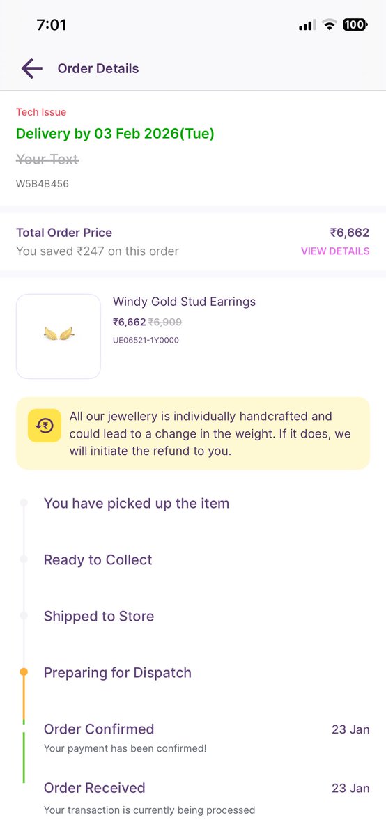 Sumit0211k's tweet photo. @CaratLane Order W5B4B456 was promised by 3 Feb. Today is 4 Feb and it’s still “Preparing for Dispatch.” This delay is unacceptable. I need this urgently before 6–7 Feb. Stop the excuses and dispatch immediately.@jagograhakjago https://t.co/dfuGheBkRw