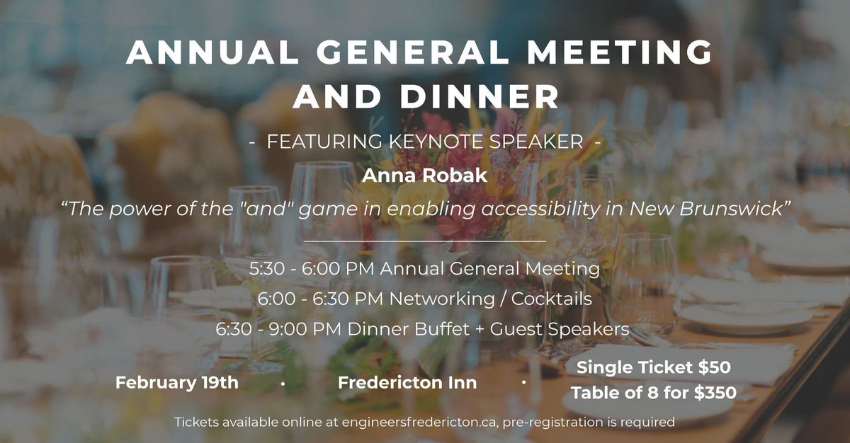 Check out our AGM featuring keynote Anna Robak, PhD, PEng — “The power of the ‘and’ game in enabling accessibility in New Brunswick.” - Feb 19 @ Fredericton Inn. Tickets: engineersfredericton.ca/agm-registrati…