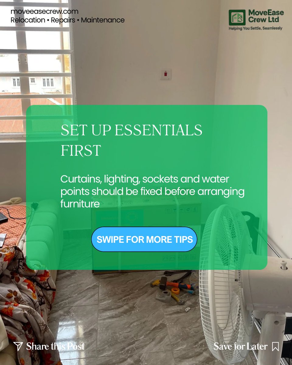 moveeasecrew's tweet photo. We know it’s stressful after a move but the work isn’t done yet

From AC installation, TV mounting, electrical &amp; plumbing works to furniture making &amp; setup, washing machine installation, cleaning &amp; organizing.
MoveEase helps you settle in properly

Book via the link in our bio https://t.co/V6FcIP7ZI6