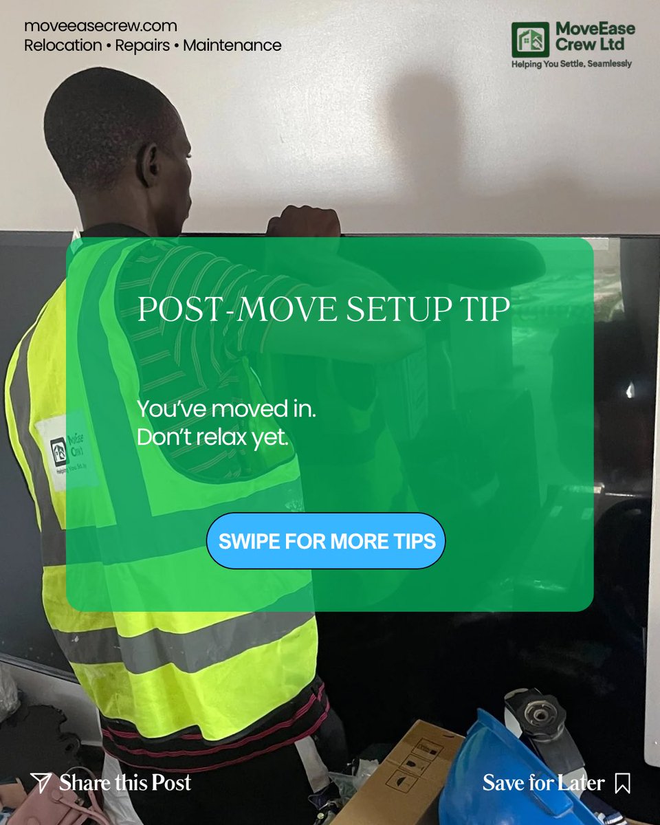 moveeasecrew's tweet photo. We know it’s stressful after a move but the work isn’t done yet

From AC installation, TV mounting, electrical &amp; plumbing works to furniture making &amp; setup, washing machine installation, cleaning &amp; organizing.
MoveEase helps you settle in properly

Book via the link in our bio https://t.co/V6FcIP7ZI6