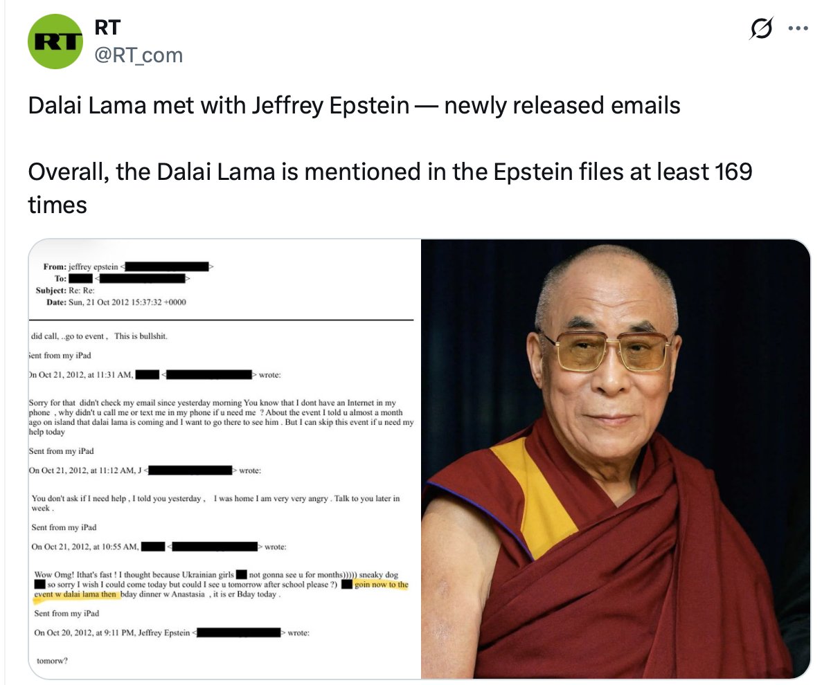 bhuchungtsering's tweet photo. RT read the email well. It is to Epstein and not by him. Presence of #DalaiLama name in #EpsteinFiles is in news, people going to his event, etc. given his stature.  #EpsteinFiles has 443 reference to the #Pope, 196 to #MartinLutherKingJr  15 to #MahatmaGandhi 59 to #JesusChrist https://t.co/X2DIrzGCIj
