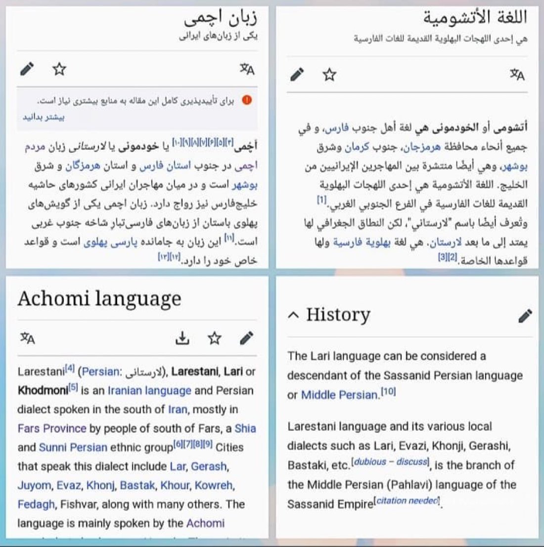 هذه اللغة يتحدث بها الفرس الخُدمونيين من السنة والشيعة معًا، وأي ادعاء بأن هذه اللغة هي حكر على سُنّة فارس فقط هو كذب فجّ وتزوير وقح للتاريخ يردده بعض المتطفلين على البحث التاريخي إما بسبب الجهل أو خدمة لأجندات رخيصة وهو ادعاء ساقط لا يصمد أمام أي فحص علمي أو بحث موضوعي