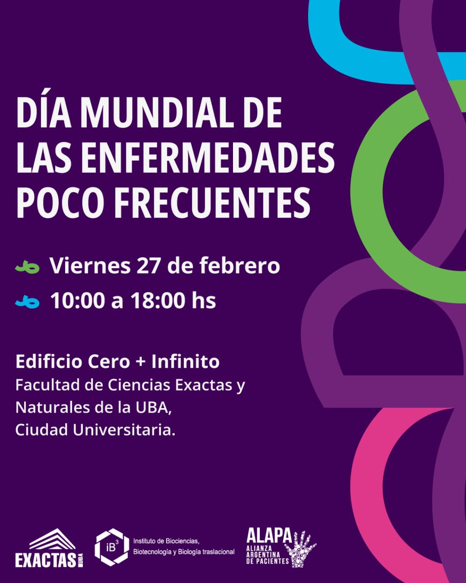 📌 El viernes 27 de febrero a las 10 hs te esperamos en el edificio de Cero + Infinito para ser parte de la jornada por el Día Mundial de las Enfermedades Poco Frecuentes.

✅ Será el 4° año consecutivo en el Pabellón de <a href="/Exactas_UBA/">Exactas UBA</a>, en Ciudad Universitaria.

#SomosALAPA