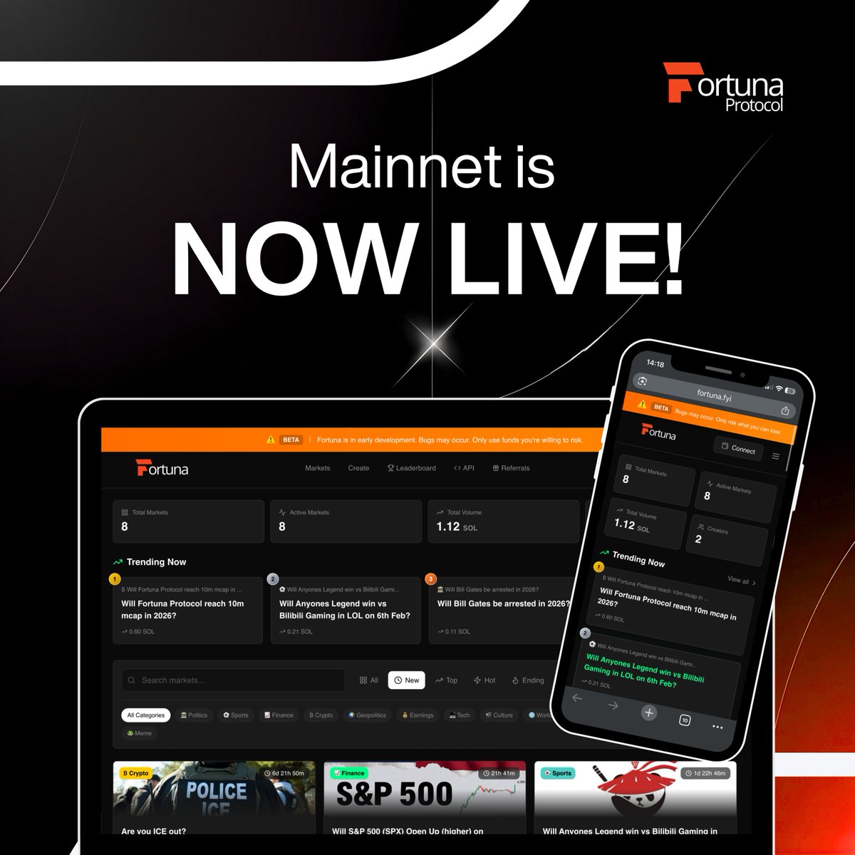 Fortuna Protocol is LIVE on Solana Mainnet

Prediction markets, reimagined. We're not another Polymarket clone. We built something fundamentally different.

The Problem with Traditional Prediction Markets

Every prediction market out there works the same way: you buy a YES or NO