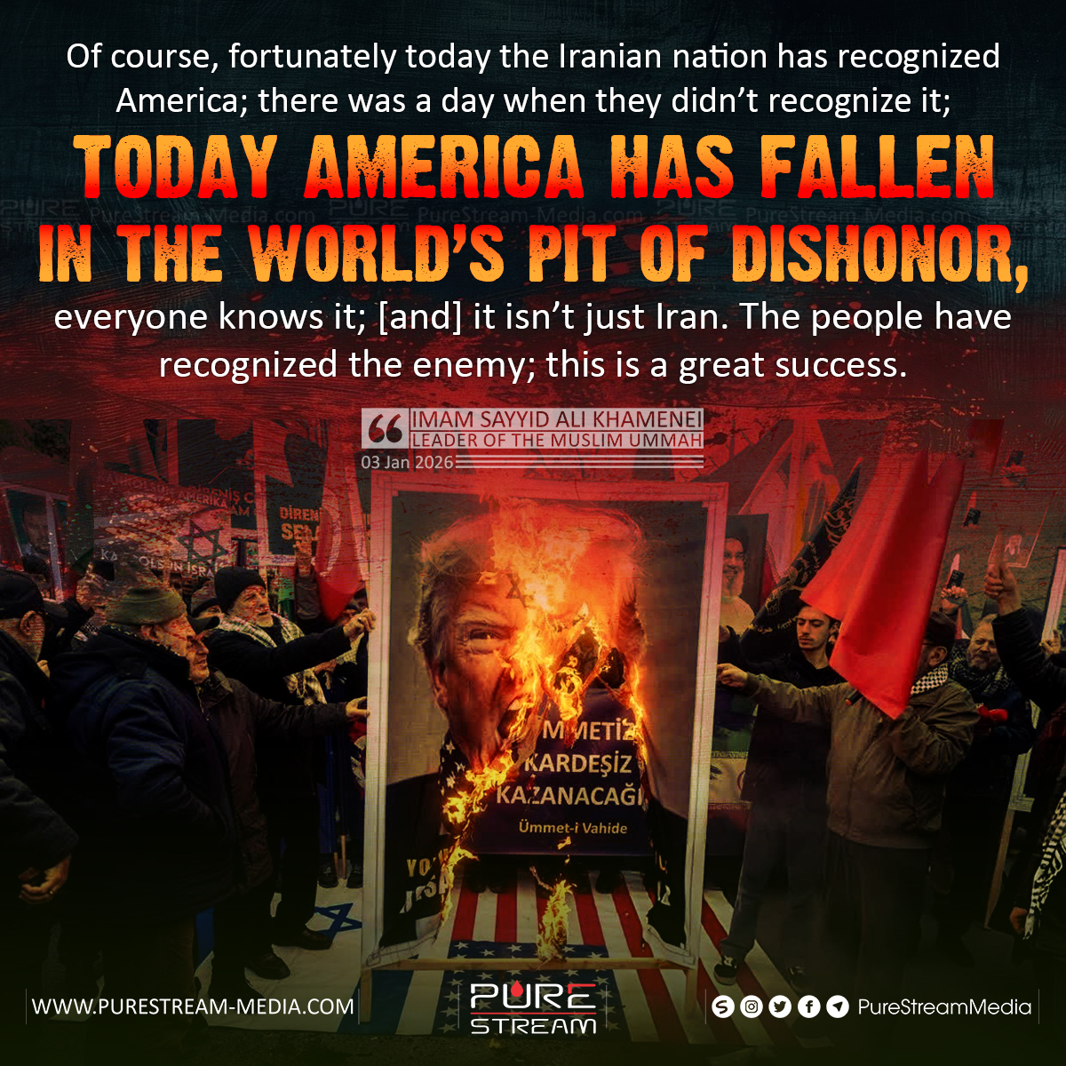 PureStream02's tweet image. “Of course, fortunately today the Iranian nation has recognized America; there was a day when they didn’t recognize it; today America has fallen in the world’s pit of dishonor, everyone knows it; [and] it isn’t just Iran. The people have recognized the enemy...