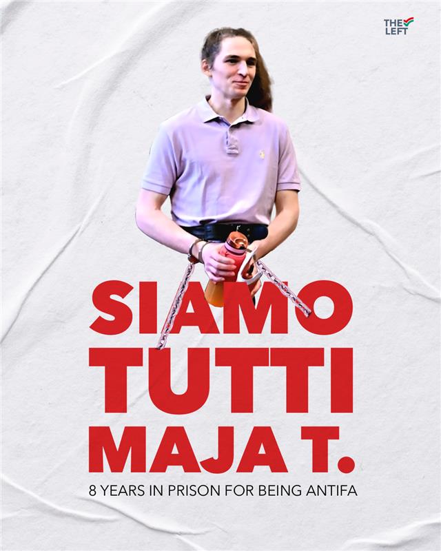 Left_EU's tweet image. Maja is 24, non-binary, anti-fascist, and today they have been sentenced to 8 years in prison in Hungary.

Anti-fascism is not terrorism, it is a democratic duty.

We stand with Maja and with everyone across Europe who refuses to be silenced. 

🔗left.eu/siamo-tutti-ma…