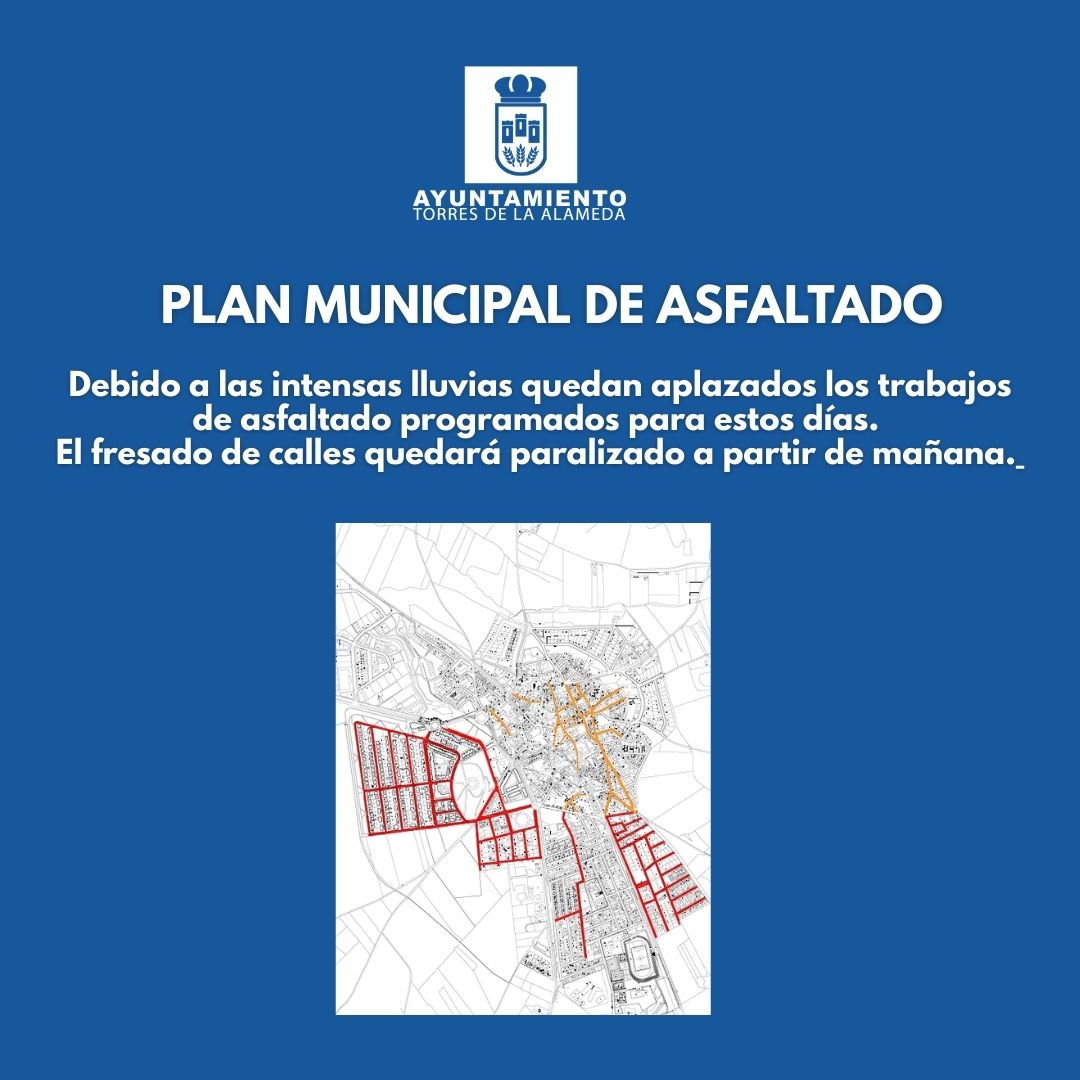 Debido a las intensas lluvias  quedan aplazados los trabajos de asfaltado programados para estos días. El fresado de calles quedará paralizado a partir de mañana.

📍Cuando las condiciones mejoren se reanudarán las actuaciones continuando el orden que teníamos planificado.