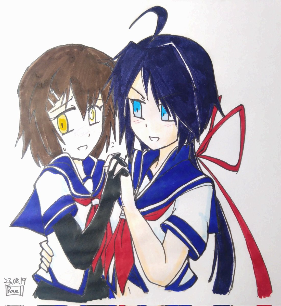 古鷹(艦これ) ,加古(艦これ) 「#女の子二人のイラストを貼る見た人もやる 過去の栄光にすがる…!」|bael38のイラスト