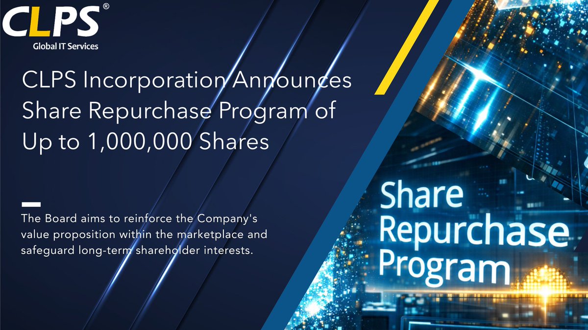 CLPSGlobal's tweet photo. $CLPS Board of Directors has approved a share repurchase program for up to 1,000,000 common shares.

The program runs from Feb 5 - Nov 4, 2026, reflecting our commitment to long-term shareholder value and confidence in our growth trajectory.

Read more: https://t.co/edafvHbUu0 https://t.co/2Kg0xLRsdZ