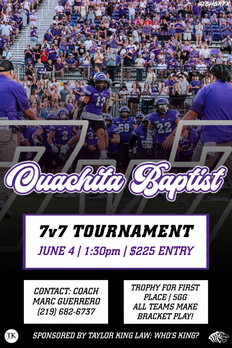 🏈 **7-on-7 Football Showdown Alert!** 🏈

Join us at Ouachita for an epic day of high-flying action on June 4th! Sponsored by <a href="/TaylorKingLaw/">Taylor King Law</a> – bringing the heat with top teams from AR, TX, &amp; LA! 🔥

Who will be crowned the KING!?  Spots filling fast – DM for details! 🌟🐅 #7on7