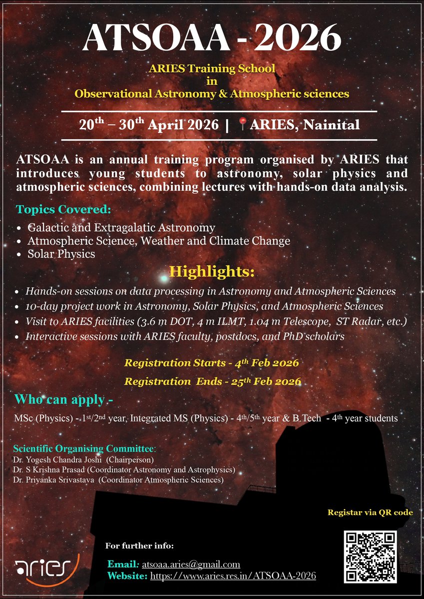 ARIES Training School in Observational Astronomy and Atmospheric sciences (ATSOAA 2026)
aries.res.in/ATSOAA-2026/ <a href="/ARIESNainital/">ARIES</a> <a href="/IndiaDST/">DSTIndia</a>