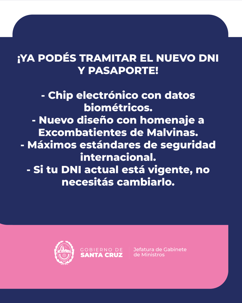 ¡Santa Cruz ya emite el nuevo DNI y Pasaporte electrónico!
Si tu DNI está vigente, NO es necesario renovarlo.

Toda la info acá: bit.ly/4kfSOgV

#SantaCruz #DNI #Pasaporte #GestiónVidal