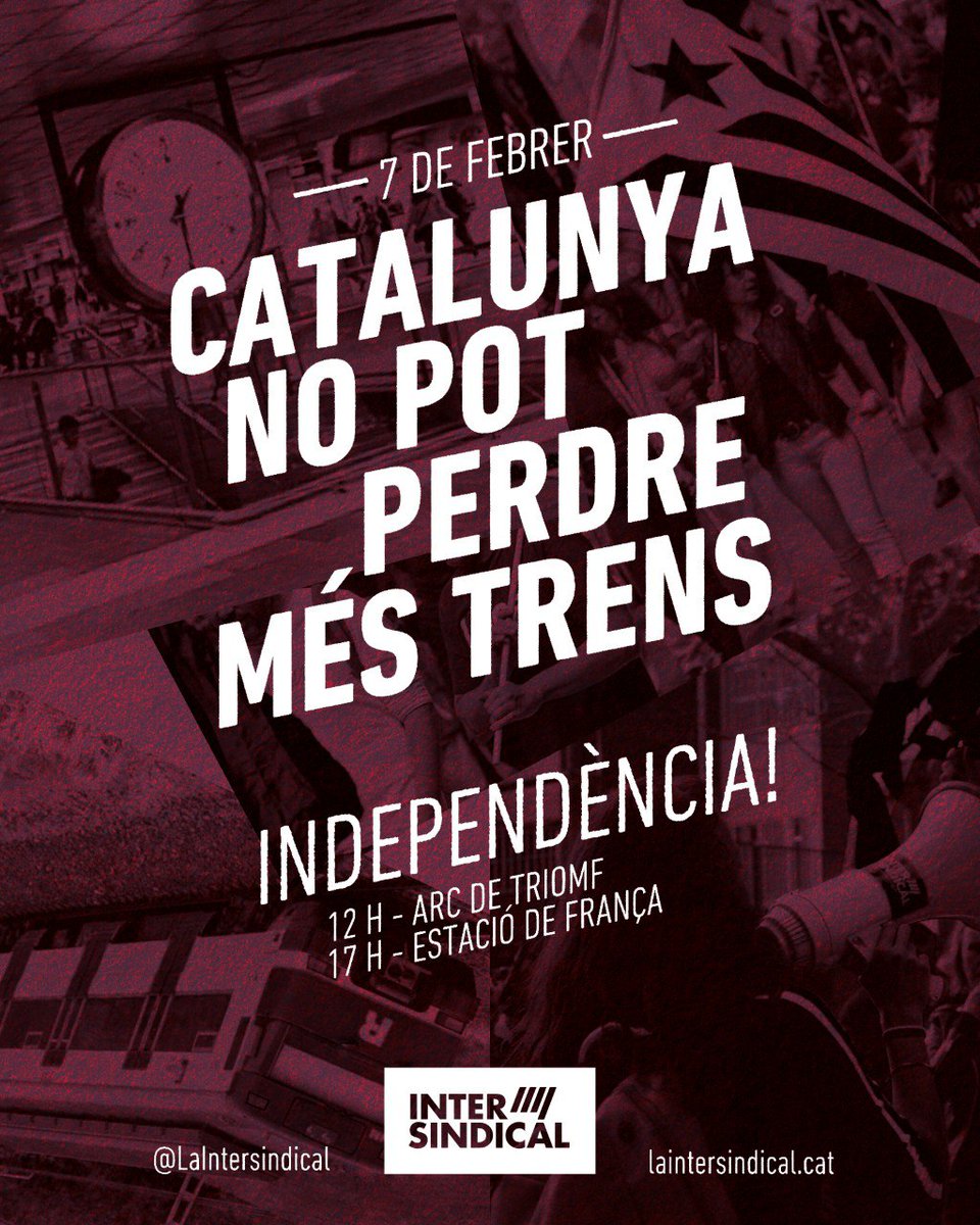 🚂 Aquest 7 de febrer ens mobilitzem pel servei ferroviari i pel futur del país

‼️ “Prou! Única via: Independència!”
🕛 12.00 h
📍 Arc de Triomf
📌Punt de trobada de La Intersindical: 11:30h a la Ronda de Sant Pere amb Passeig de Sant Joan (davant monument al president Lluís