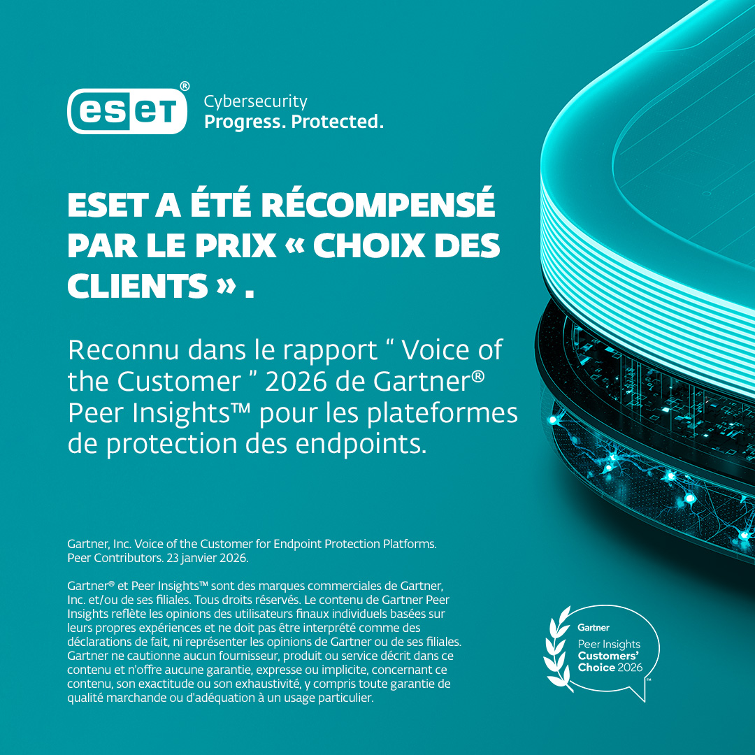 ESET_France's tweet photo. C'est officiel ! Gartner® Peer InsightsTM a désigné ESET comme « Choix des clients 2026 » dans la catégorie des plateformes de protection des endpoints.
En savoir plus : https://t.co/7TN5GrDjGr
#ESETfr #ProgressProtected #Cybersécurité #SécuritéDesEndpoints #GartnerPeerInsights https://t.co/VBGrTT6gan