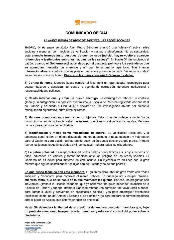 🚨 COMUNICADO OFICIAL

LA NUEVA BOMBA DE HUMO DE SÁNCHEZ: LAS REDES SOCIALES

Ayer Pedro Sánchez anunció una “ofensiva” sobre redes sociales y menores, con medidas de verificación y castigo a plataformas. No es casualidad: este anuncio irrumpe justo después de que, en sede