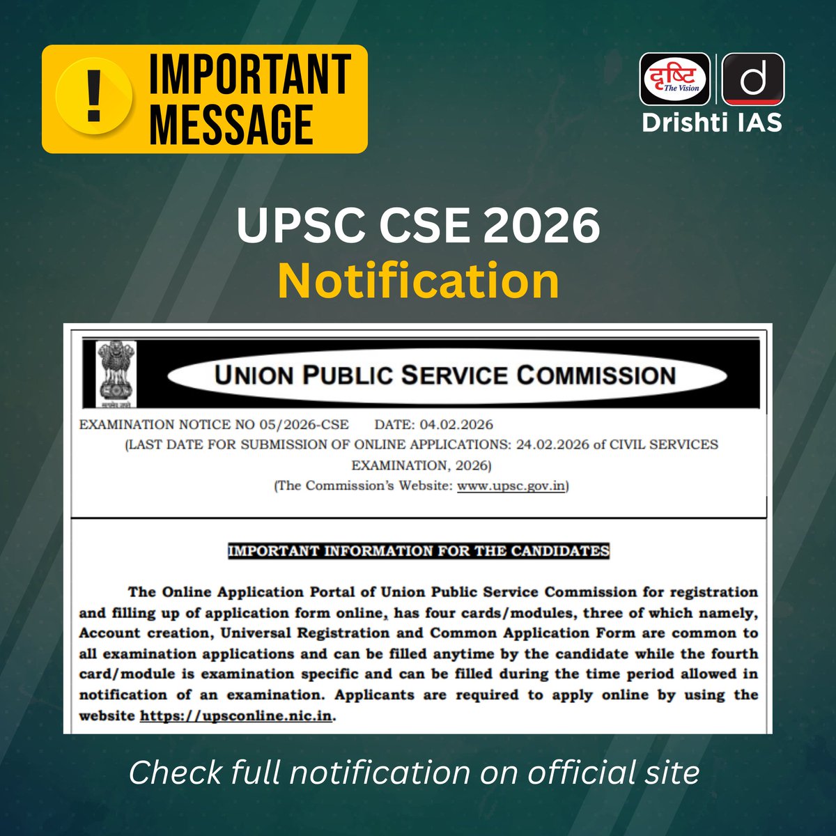 drishtiias's tweet image. UPSC CSE 2026 नोटिफिकेशन जारी!
.
#UPSC2026 #UPSC #Notification #CSE #DrishtiIAS #DrishtiIAS