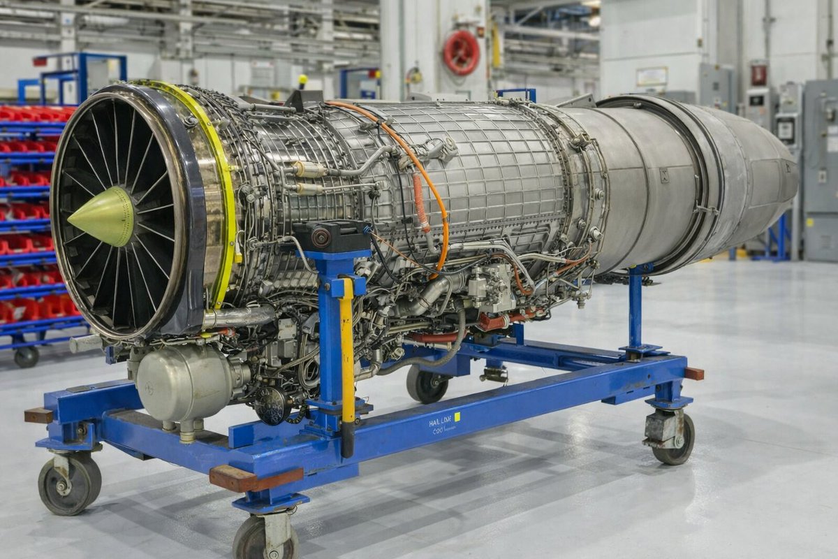 IndianDefenceT's tweet photo. India’s Tejas Mk1A fighter jet production is moving closer to full-rate output as Hindustan Aeronautics Limited (HAL) is set to receive its sixth GE F404-IN20 engine, helping reduce production delays caused by past supply issues.

#TejasMk1A #HAL #GEF404 #IndianAirForce #DefenceNews #AatmanirbharBharat #MakeInIndia #MilitaryAviation #IndiaDefence