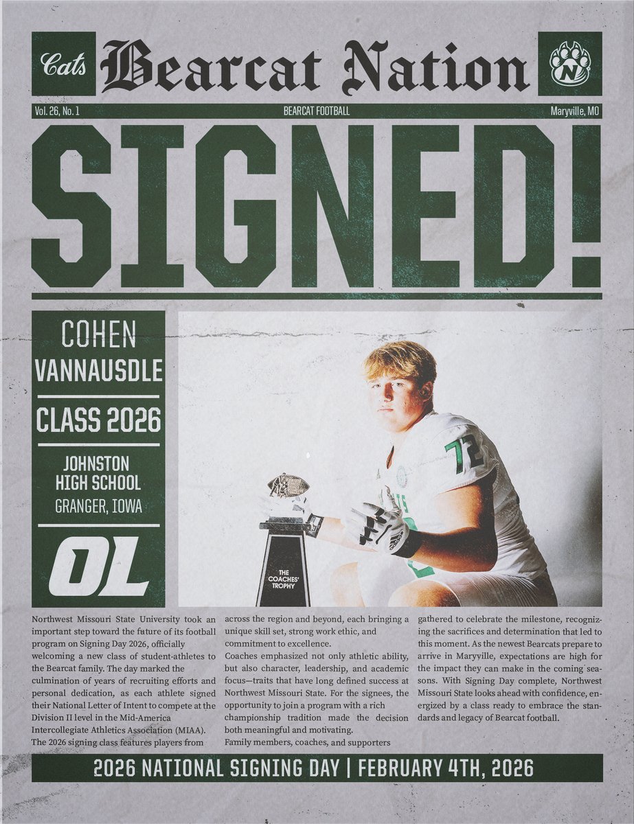 NWBearcat_FB's tweet photo. 🚨BEARCAT UPDATE 🚨
Raised on hard work. Built in Iowa. Tested in the trenches. 💪Another mauler added up front.
Welcome Cohen Vannausdle — OL | IA
#CATSONTHERISE #GOOD𝟐𝟔REAT #EARNEDNOTGIVEN https://t.co/00TiZj2X4F