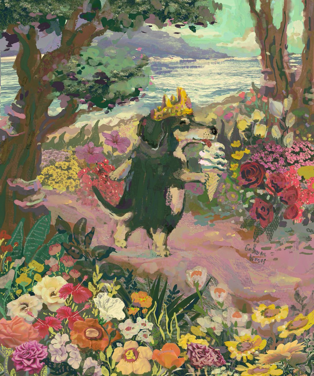 Puppy eating the most expensive brand of vanilla ice cream while walking in a flowery corner overlooking the sea (commission)