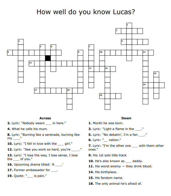 adieha's tweet photo. Hey Lumis!
I made a #LUCAS-themed crossword for fun. Lyrics, quotes, personal facts. See how well you really know him!

Can you fill in all the answers? 😎
Try it out: https://t.co/ImdCkCuflU

Share your results if you finish it! 💛 

#루카스 #黃旭熙 #루카스버블 #WeLoveYouLucas https://t.co/S8zjPeDYhC