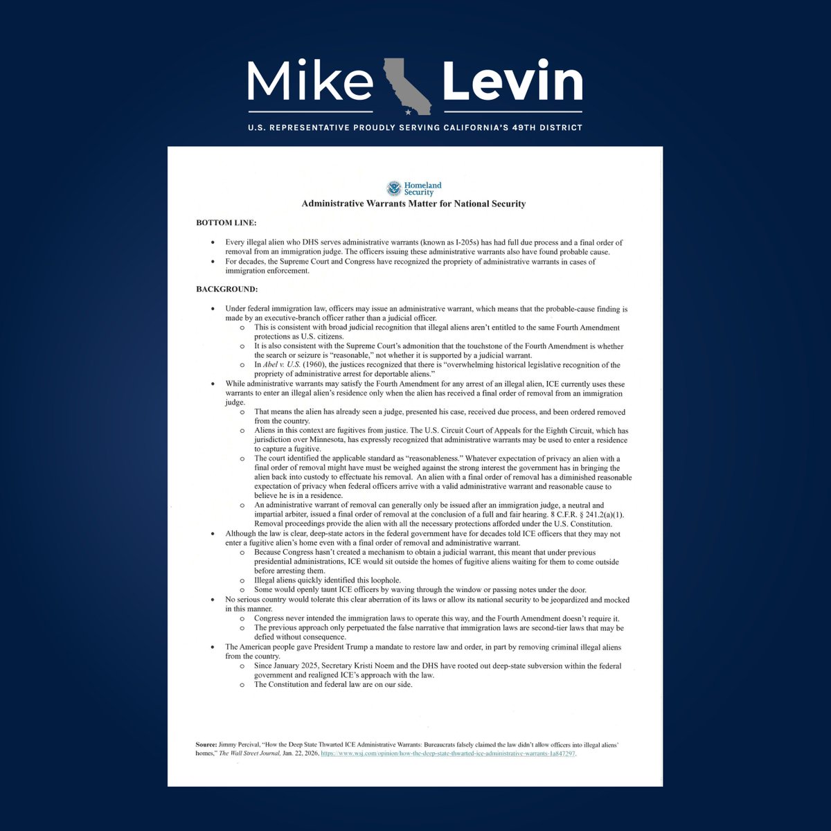 RepMikeLevin's tweet image. Yesterday, DHS dropped off this memo in my office claiming that federal agents can enter people’s homes using so-called “administrative warrants” not signed by judges. 
 
This is not how the Constitution works. 
 
The Fourth Amendment does not disappear because someone is…