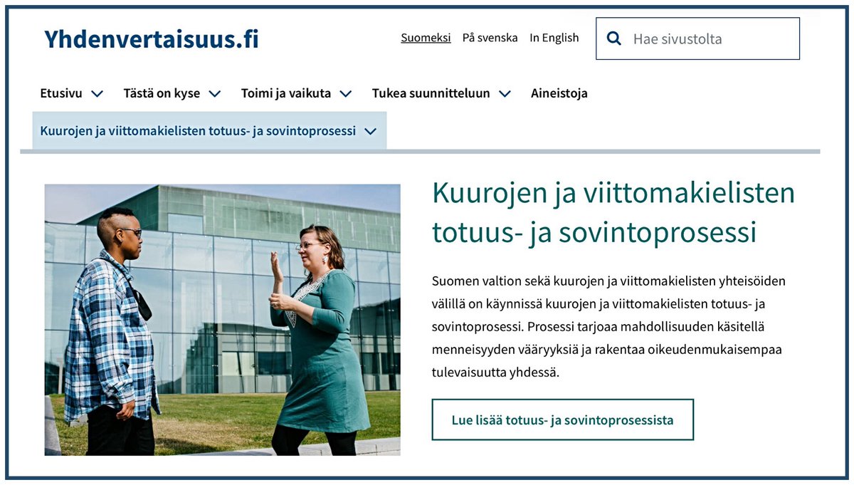 Kuurojen ja viittomakielisten totuus- ja sovintoprosessi etenee. Tiedot prosessista, ajankohtaiset tapahtumat, esimerkiksi kuulemisten aikataulut ja sihteeristön yhteystiedot löydät helposti uusilta nettisivuilta totuusjasovintoviittomakielella.fi
#viittomakieli #TotuusJaSovinto