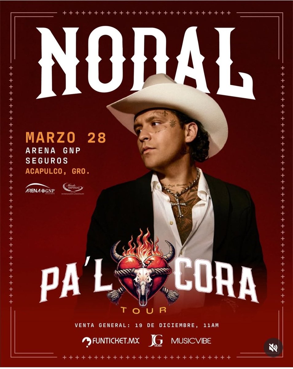 Este 2️⃣8️⃣ de marzo en la ARENA GNP SEGUROS DE ACAPULCO, se presenta Christian Nodal con su #PalCoraTour2026 ❤️‍🔥🌵
Boletos disponibles en sitios oficiales y en línea: 👇 🎫 funticket.mx/evento/nodal-a…