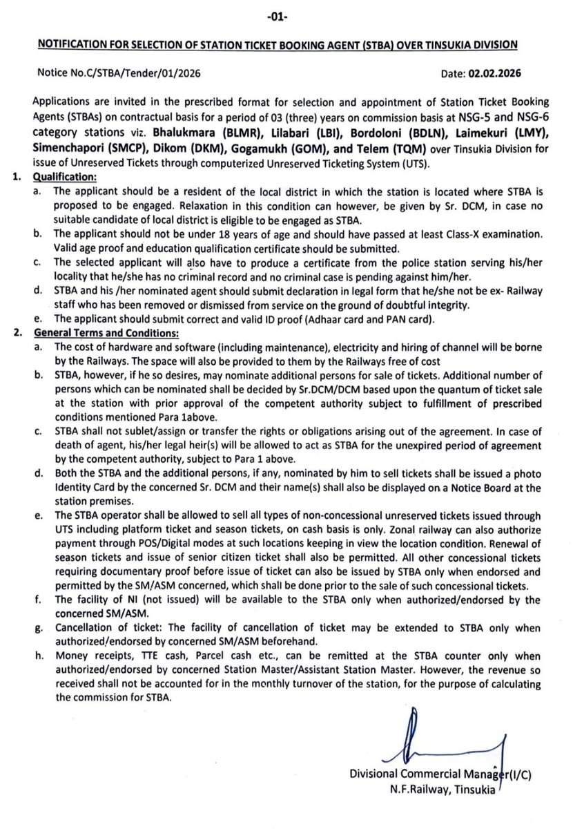 h_pongilath's tweet image. Opportunity for appointment of Station Ticket Booking Agent #STBA at #Bhalukmara #Lilabari #Bordoloni #Laimekuri #Simenchapori #Dikom #Gogamukh #Telem of #NorthFrontierRailways O/o DCM #Tinsukia #Assam 
#IndianRailways 
(1/2)