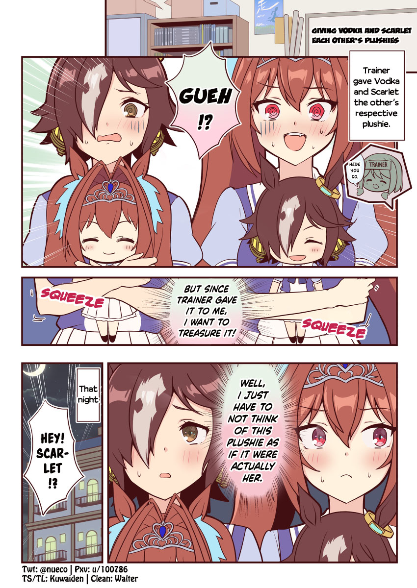 Kuwaiden's tweet photo. Giving Vodka and Scarlet Each Other's Plushies by @nueco 

Clearly, Vodka and Scarlet just need to ride motorbikes in cute frilly dresses to get along!

Clean by Walter
#ウマ娘 #Umamusume 
#ウマ娘英訳 #UmaTranslations https://t.co/KUdNSxBbI3