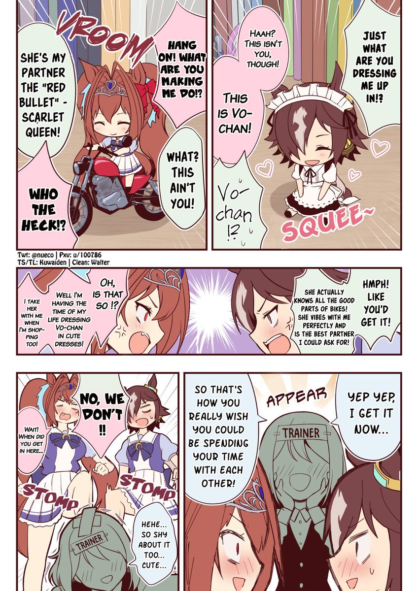 Kuwaiden's tweet photo. Giving Vodka and Scarlet Each Other's Plushies by @nueco 

Clearly, Vodka and Scarlet just need to ride motorbikes in cute frilly dresses to get along!

Clean by Walter
#ウマ娘 #Umamusume 
#ウマ娘英訳 #UmaTranslations https://t.co/KUdNSxBbI3