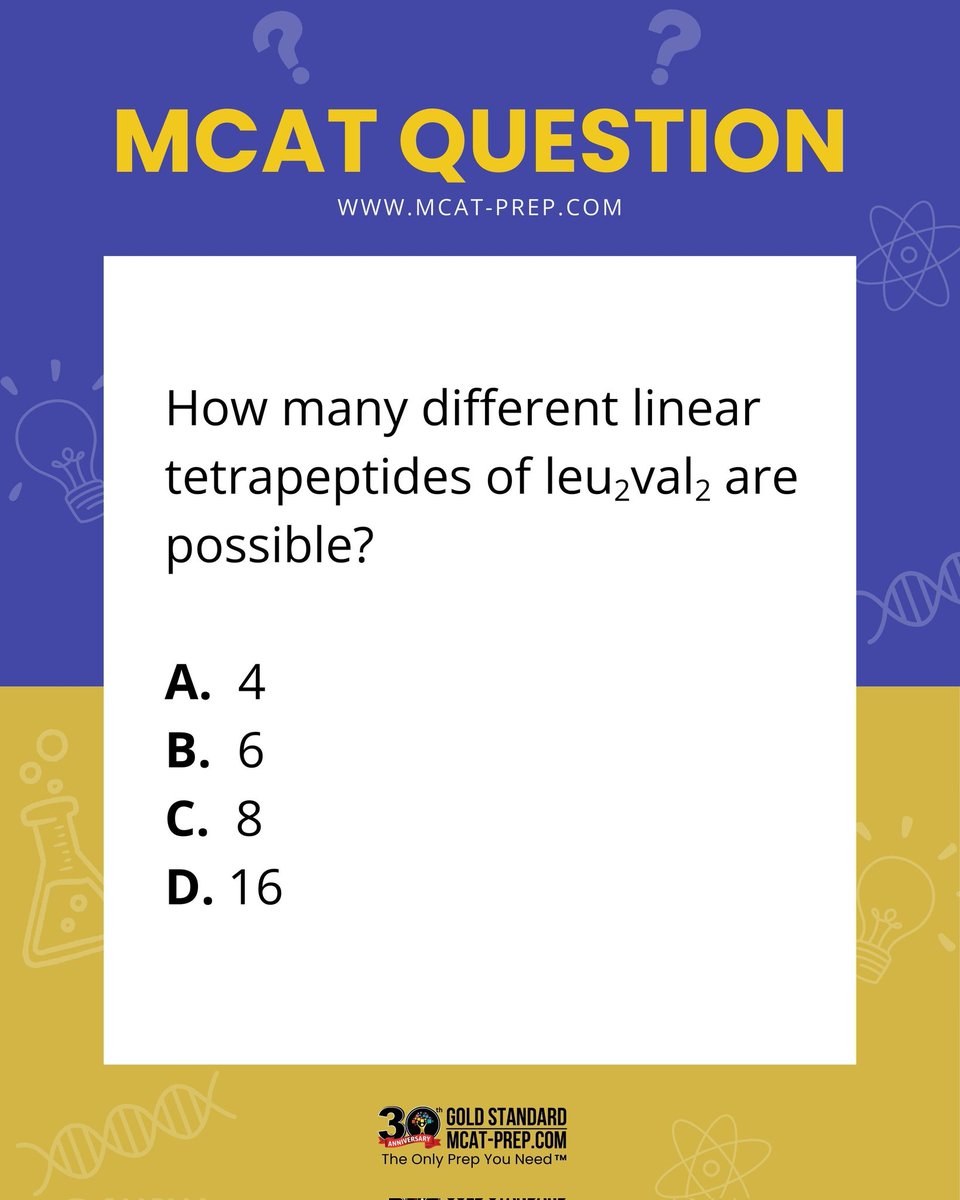 mcatprep's tweet photo. This week’s MCAT practice question covers linear tetrapeptides—a classic exam-day curveball. Check the first reply to start practicing with our $10 realistic simulations! 🧵 #MCAT #MCATprep https://t.co/m4r8mjv8E9