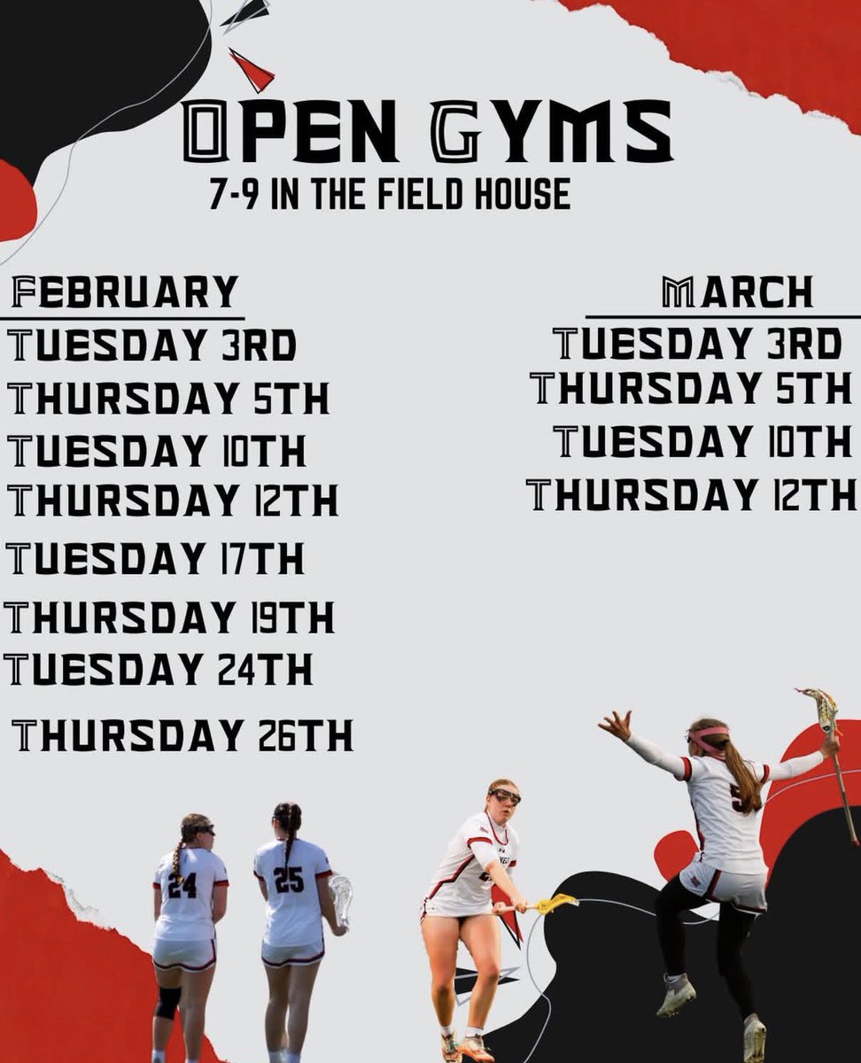 MSKLaxBooster's tweet photo. 🥍 Muskego HS Girls Lacrosse Open Gyms are here!
📍 Field House
⏰ 7–9 PM
📅 February & March dates (see graphic)
Come get reps in, build chemistry, and get ready for the season. All HS girls welcome — bring the energy! 💪🖤❤️
#MuskegoLax #WarriorNation #OpenGym #GetYourReps https://t.co/2n9SUrfaCl