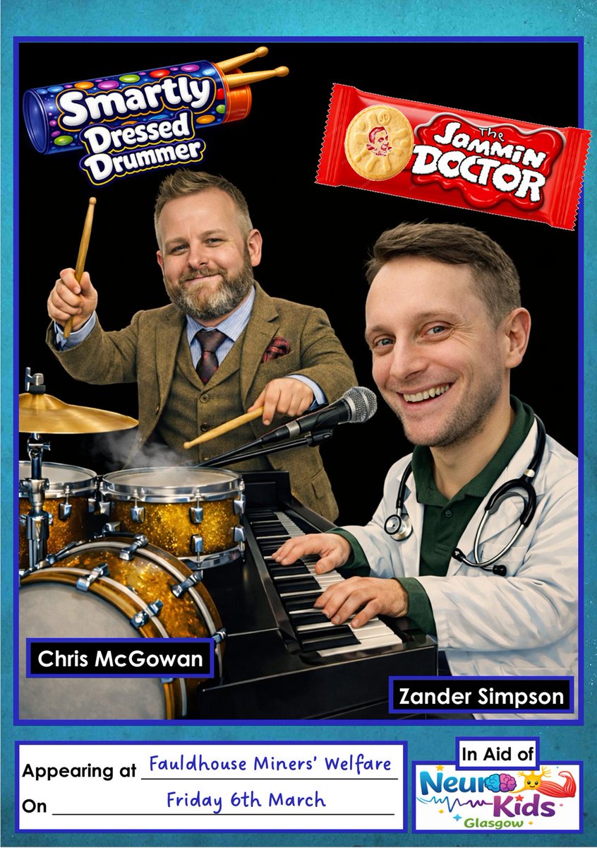 zandersimpson83's tweet photo. I'm back. Live (in Person!) at Fauldhouse Miners' Welfare on 6th March, also streaming Live on Facebook and YouTube. With the Smartly Dressed Drummer, Chris McGowan. In Aid of Neuro Kids Glasgow. https://t.co/gqIJGE1WG7